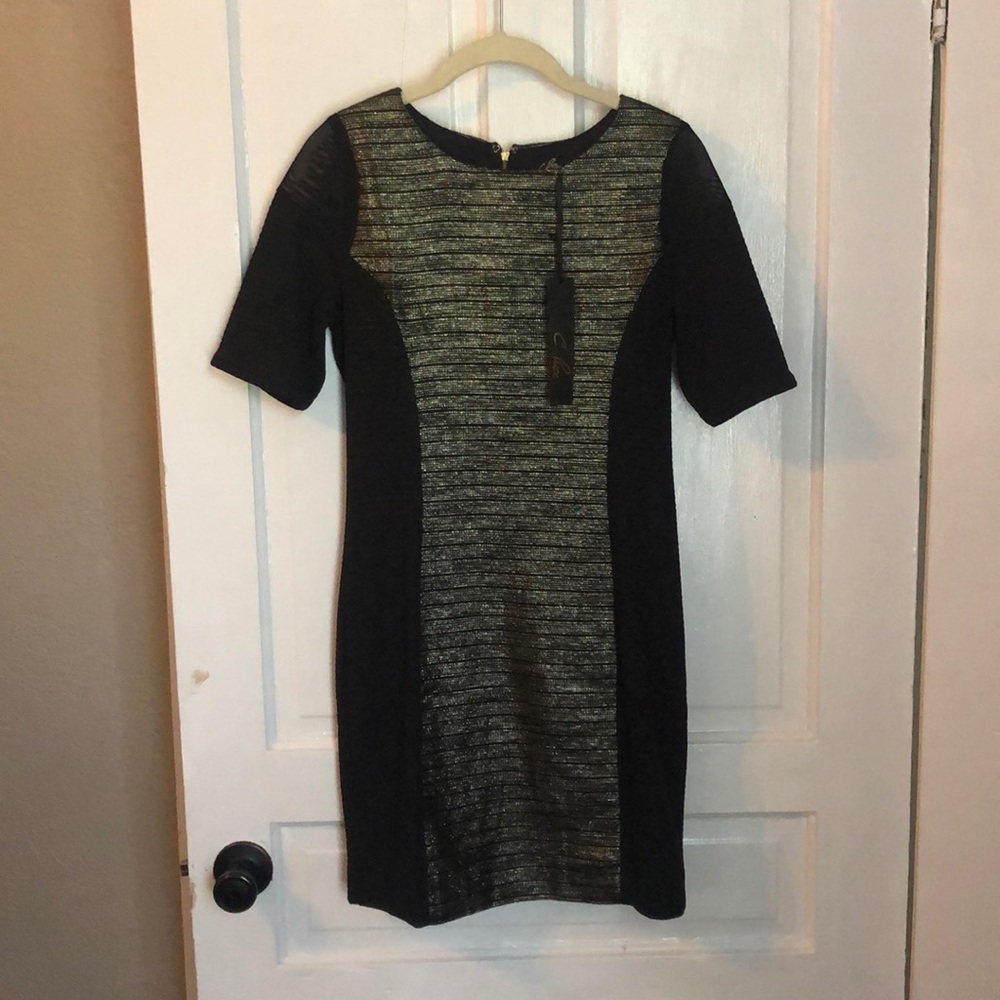 NWT C. Luce black fitted dress with gold detailing